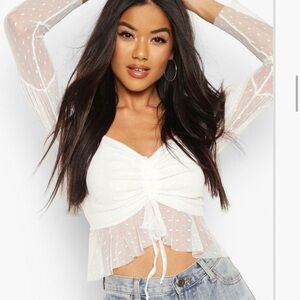 Boohoo Dobby Mesh Puff Sleeve Tie Front Top